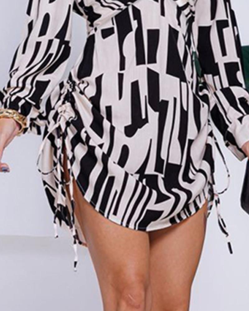 All Over Print Side Drawstring Twisted Shirt Dress