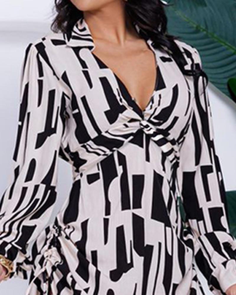 All Over Print Side Drawstring Twisted Shirt Dress