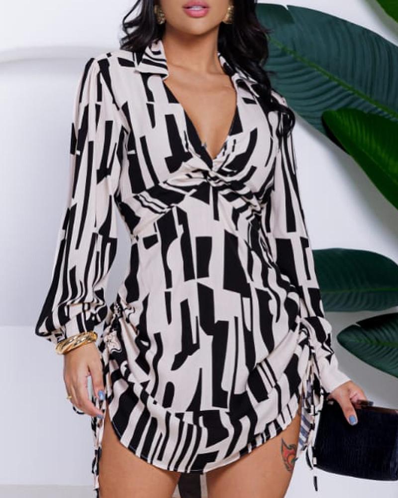 All Over Print Side Drawstring Twisted Shirt Dress