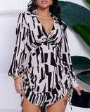 All Over Print Side Drawstring Twisted Shirt Dress