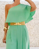 One Shoulder Ruffles Jumpsuit with Mental Belt