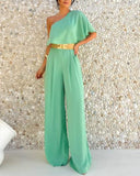 One Shoulder Ruffles Jumpsuit with Mental Belt