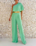 One Shoulder Ruffles Jumpsuit with Mental Belt