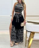 2 Pieces Outfits Tribal Print Keyhole Neck Sleeveless Top and Wide Leg Tied Detail Slit Pants Sets