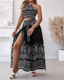 2 Pieces Outfits Tribal Print Keyhole Neck Sleeveless Top and Wide Leg Tied Detail Slit Pants Sets