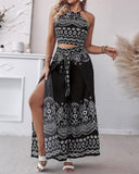 2 Pieces Outfits Tribal Print Keyhole Neck Sleeveless Top and Wide Leg Tied Detail Slit Pants Sets