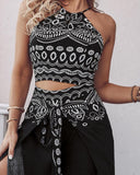 2 Pieces Outfits Tribal Print Keyhole Neck Sleeveless Top and Wide Leg Tied Detail Slit Pants Sets