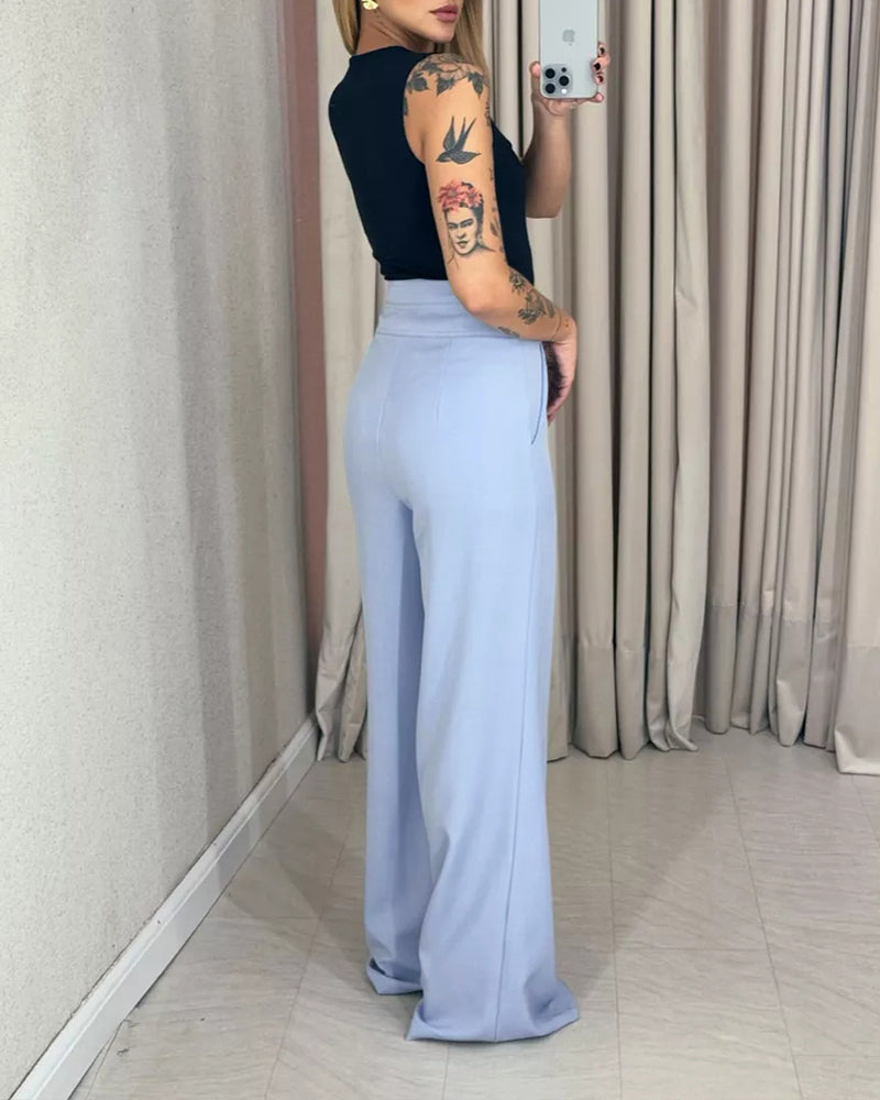 High Waist Single Button Straight Leg Pants With Pockets