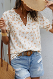 White Floral Eyelet Embroidered Puff Sleeve Notch V Neck Blouse