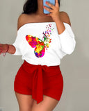 Butterfly Tie Dye Print Off Shoulder Romper