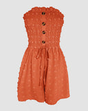 Polka Dot Bandeau Sleeveless Shirred Rompers Casual Button Decor Tied Detail Short Jumpsuit