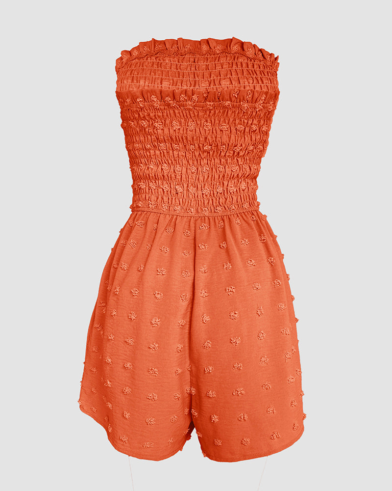 Polka Dot Bandeau Sleeveless Shirred Rompers Casual Button Decor Tied Detail Short Jumpsuit