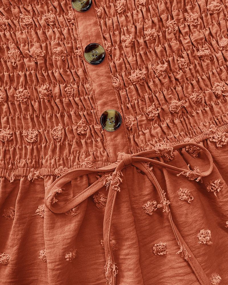 Polka Dot Bandeau Sleeveless Shirred Rompers Casual Button Decor Tied Detail Short Jumpsuit