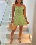 Ditsy Floral V Neck Sleeveless Ruched Cami Jumpsuit Casual Ajustable Back Straps Shirred Romper