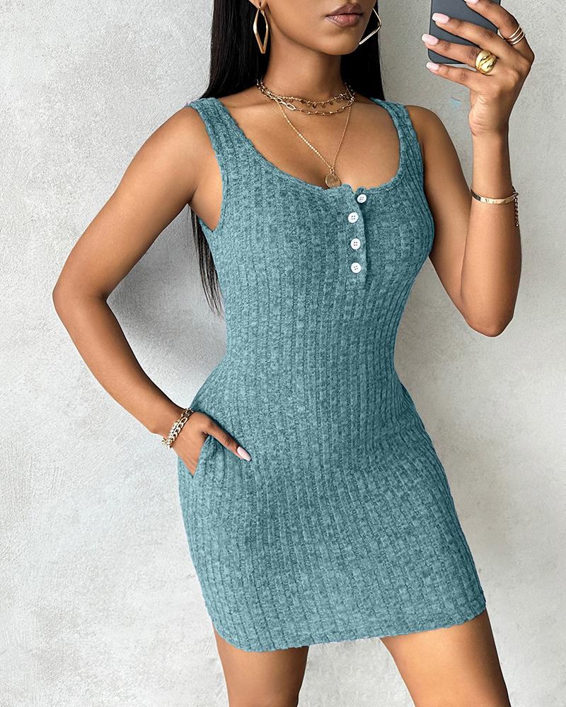 Pocket Design Ribbed Tank Dress Sleeveless Button Front Pullover Bodycon Mini Dresses