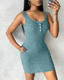 Pocket Design Ribbed Tank Dress Sleeveless Button Front Pullover Bodycon Mini Dresses