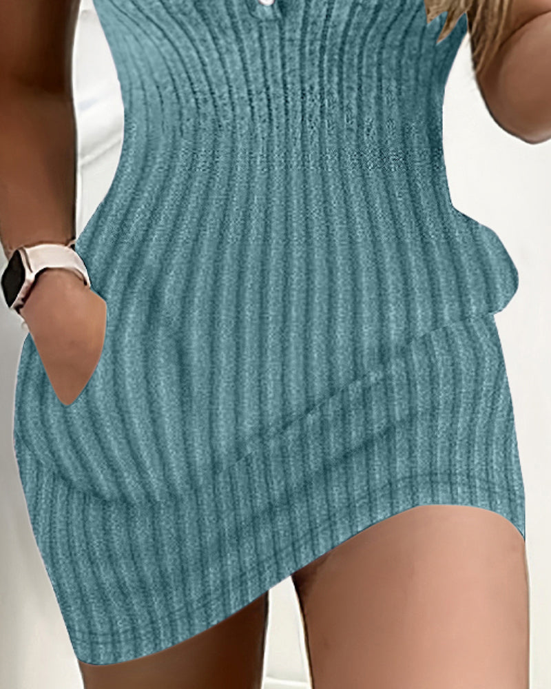 Pocket Design Ribbed Tank Dress Sleeveless Button Front Pullover Bodycon Mini Dresses