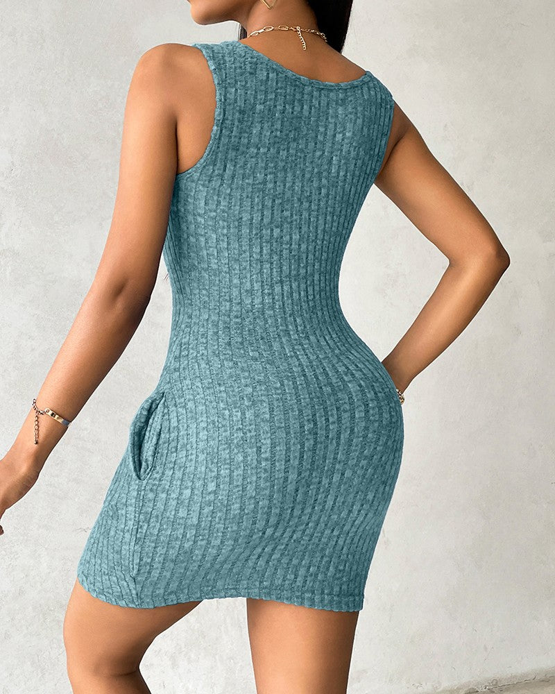 Pocket Design Ribbed Tank Dress Sleeveless Button Front Pullover Bodycon Mini Dresses