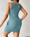 Pocket Design Ribbed Tank Dress Sleeveless Button Front Pullover Bodycon Mini Dresses
