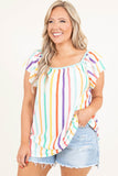 White Stripe Ruffled Sleeve Square Neck Plus Size Blouse