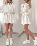 Turn down Collar Long Sleeve Casual Button Tied Detail Blouse Dress