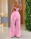 Bandeau Eyelet Embroidery Tied Detail Overalls Casual Cutout Jumpsuit(With Lining)