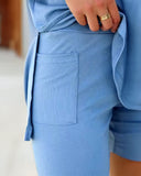 Round Neck Short Sleeve Slit Top and Casual Shorts Set with Single Pocket