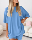 Round Neck Short Sleeve Slit Top and Casual Shorts Set with Single Pocket