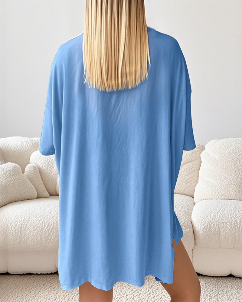 Round Neck Short Sleeve Slit Top and Casual Shorts Set with Single Pocket