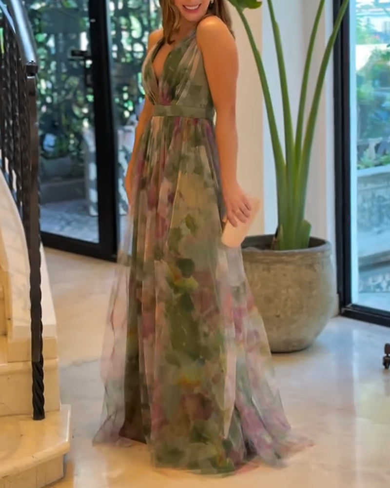 Floral Print Plunge V Neck Spaghetti Strap Maxi Dress Elegant Waist High Slit Mesh Dress