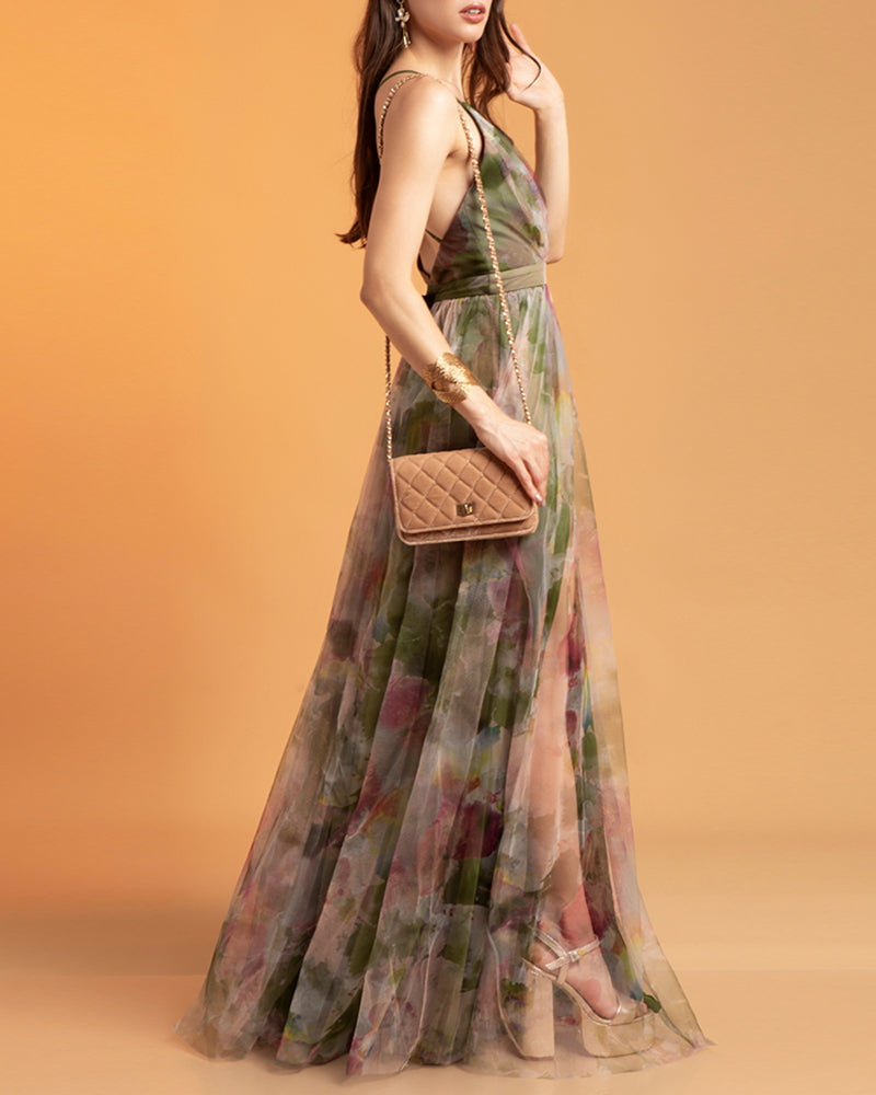 Floral Print Plunge V Neck Spaghetti Strap Maxi Dress Elegant Waist High Slit Mesh Dress
