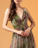 Floral Print Plunge V Neck Spaghetti Strap Maxi Dress Elegant Waist High Slit Mesh Dress