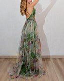 Floral Print Plunge V Neck Spaghetti Strap Maxi Dress Elegant Waist High Slit Mesh Dress