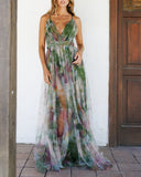 Floral Print Plunge V Neck Spaghetti Strap Maxi Dress Elegant Waist High Slit Mesh Dress