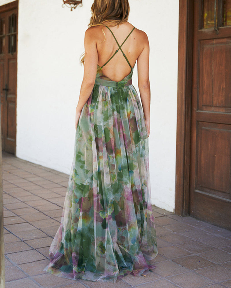 Floral Print Plunge V Neck Spaghetti Strap Maxi Dress Elegant Waist High Slit Mesh Dress