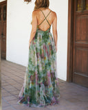 Floral Print Plunge V Neck Spaghetti Strap Maxi Dress Elegant Waist High Slit Mesh Dress