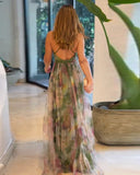 Floral Print Plunge V Neck Spaghetti Strap Maxi Dress Elegant Waist High Slit Mesh Dress