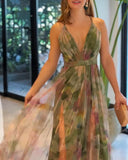 Floral Print Plunge V Neck Spaghetti Strap Maxi Dress Elegant Waist High Slit Mesh Dress