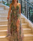 Floral Print Plunge V Neck Spaghetti Strap Maxi Dress Elegant Waist High Slit Mesh Dress