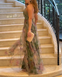 Floral Print Plunge V Neck Spaghetti Strap Maxi Dress Elegant Waist High Slit Mesh Dress
