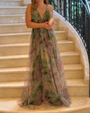 Floral Print Plunge V Neck Spaghetti Strap Maxi Dress Elegant Waist High Slit Mesh Dress