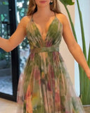 Floral Print Plunge V Neck Spaghetti Strap Maxi Dress Elegant Waist High Slit Mesh Dress