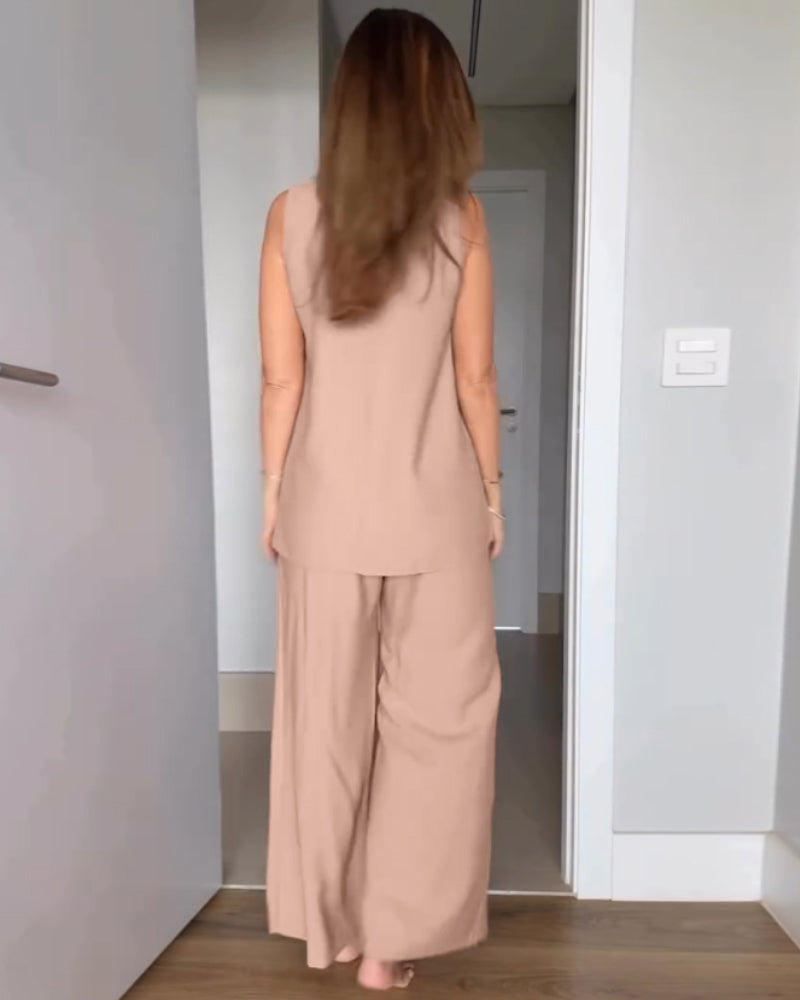 2 Pieces Outfit Round Neck Sleeveless Asymmetric Design Cut Top and Casual Elastic Waist Wide Leg Pants Set