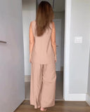 2 Pieces Outfit Round Neck Sleeveless Asymmetric Design Cut Top and Casual Elastic Waist Wide Leg Pants Set