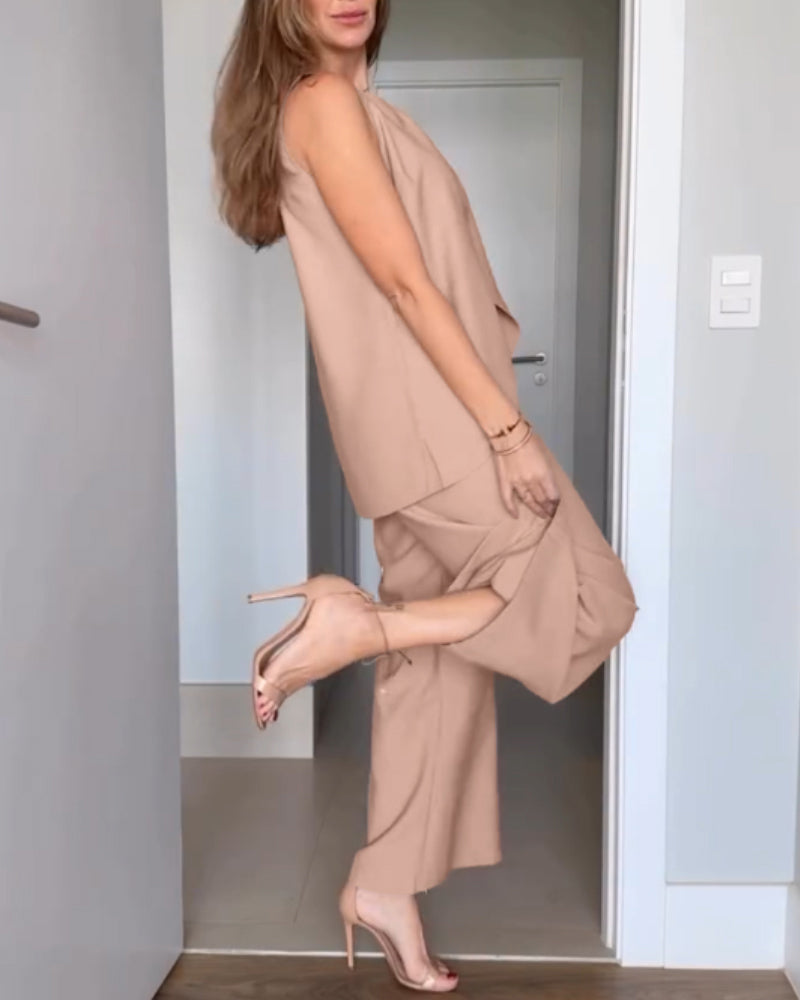 2 Pieces Outfit Round Neck Sleeveless Asymmetric Design Cut Top and Casual Elastic Waist Wide Leg Pants Set