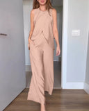 2 Pieces Outfit Round Neck Sleeveless Asymmetric Design Cut Top and Casual Elastic Waist Wide Leg Pants Set