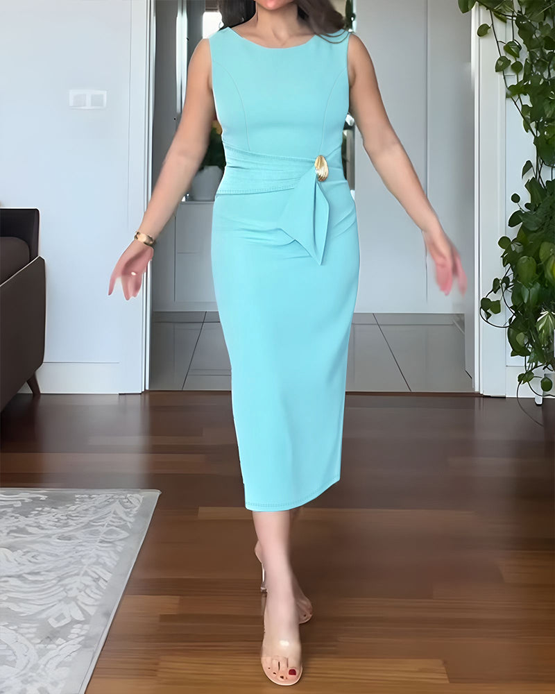 Round Neck Sleeveless Casual Ruched Slim Fit Mid Calf Dress