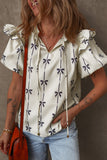Apricot Bow Printed Ruffled Bubble Sleeve Lace-up Notched Neck Plus Size Blouse