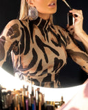 Leopard Print Long Sleeve Waist Hollow Out Bodycon Dress Casual Slim Fit Mini Dress