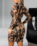 Leopard Print Long Sleeve Waist Hollow Out Bodycon Dress Casual Slim Fit Mini Dress